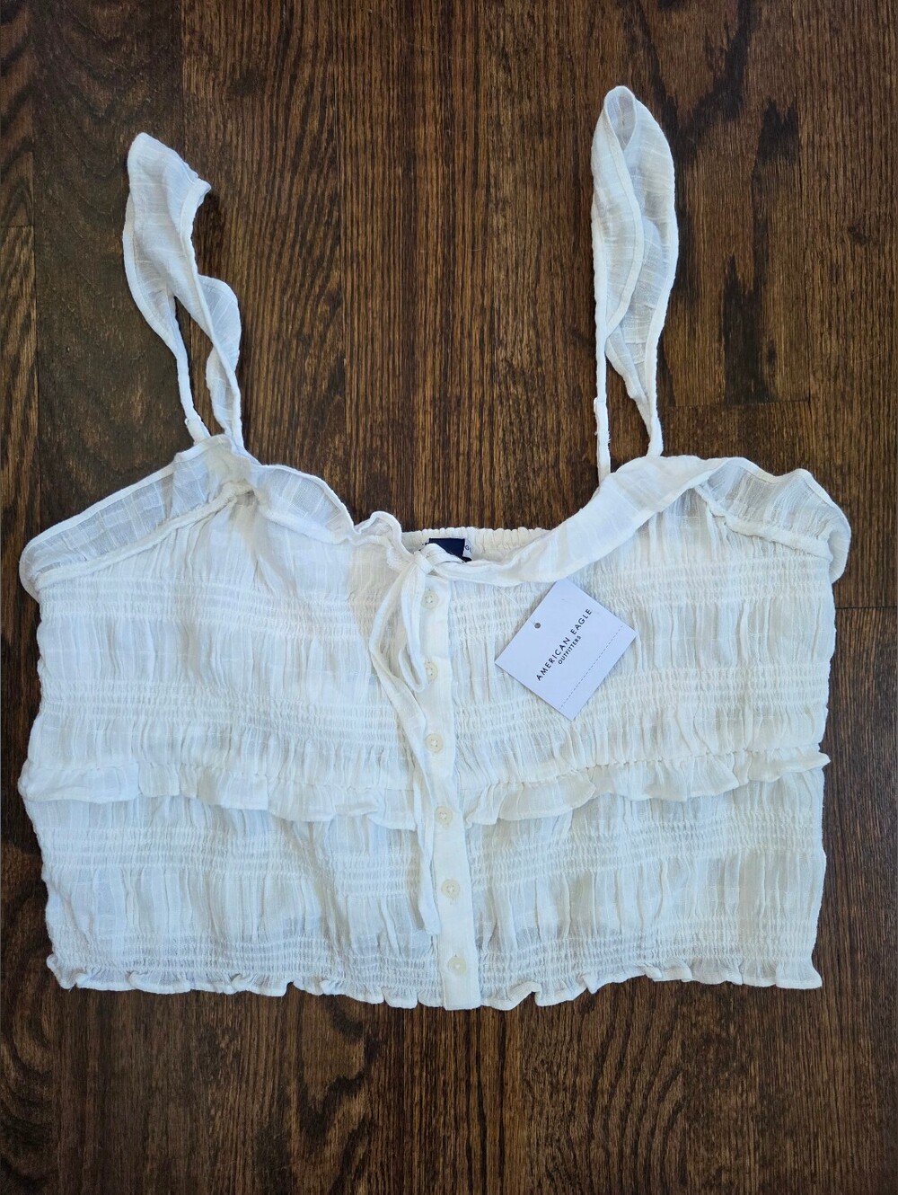 American Eagle White Ruffle‎ Smocked Crop Top